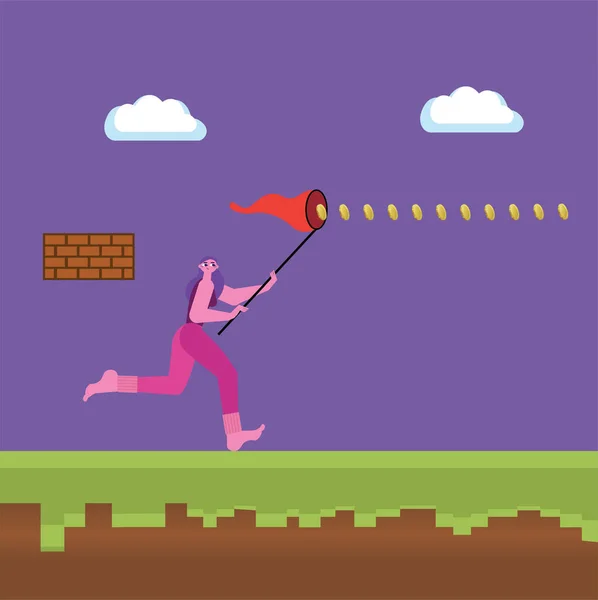 Illustration Einer Flachen Weiblichen Figur Die Einem Old School Videospiel — Stockvektor
