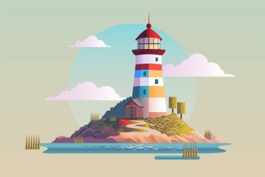 Bir adada deniz feneri olan vektör karikatür manzarası, kumsal.,