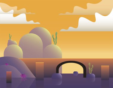 Mobil oyun arkaplanı, çizgi film vektör gün batımı manzarası 