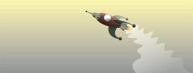 1950 'lerin atompunk stili vintage roketi yerden egzoz bulutlarıyla kalkıyor. Gerçekçi 3d vektör illüstrasyonu