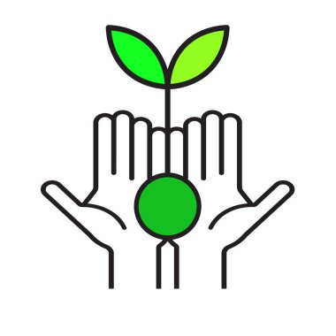 Ekoloji yeşili çevre ikonu, filizlenen tohumları tutan eller