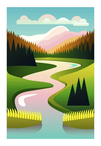 stock vector River in the green valley, forest and mountains. Flat style vector landscape, minimalist illustration. 