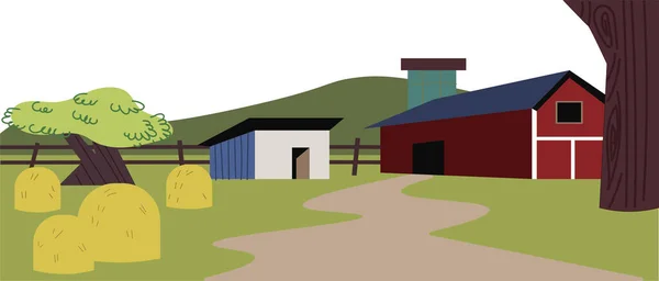 干し草の俵を持つ農地の漫画の背景 — ストックベクタ
