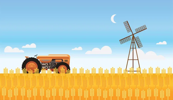 拖拉机站在一个金色的麦田上 旁边是一个风车 靠着蓝蓝的夏日的天空和白云 — 图库矢量图片