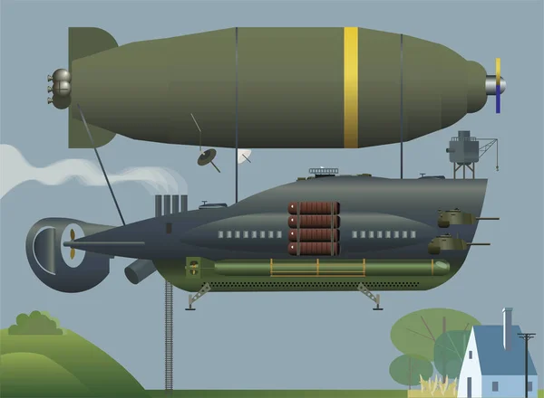 Dieselpunk Steampunk Military Zeppelin Loating European Village Vector Illustration — Stock Vector
