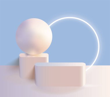 3d arkaplan ürünleri gösterimi, podyum sahnesi, kozmetik ürünleri göstermek için geometrik platform. Işık yayı ve seramik küreyle bej rengi kaidesel ekranda sahne gösterimi