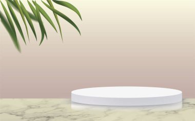 Gerçekçi 3d vektör ürün standı mermer masa dokusunda yuvarlak seramik sahne. Yeşil palmiye yaprakları. Pembe eğimli arkaplan.