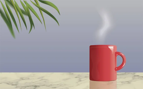 Realistyczny Wyświetlacz Wektorowy Kubkiem Czerwonej Kawy Parą Wodną Marmurowym Stołem — Wektor stockowy