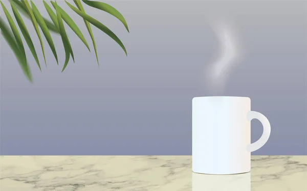 Beyaz Kahve Fincanı Mermer Masa Yeşil Palmiye Yapraklarıyla Gerçekçi Bir — Stok Vektör