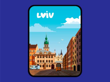 Lviv, Ukrayna 'nın düz stil şehir illüstrasyonu. 