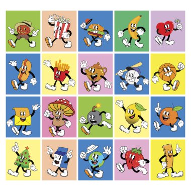 Set of vintage funny cartoon mascots, flat characters, vector illustration clipart