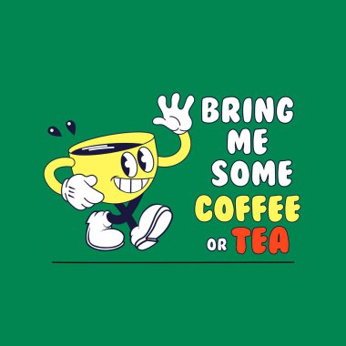 Klasik çizgi film kafe logosu, bir fincan kahve maskot, yürüyen ve el sallayan