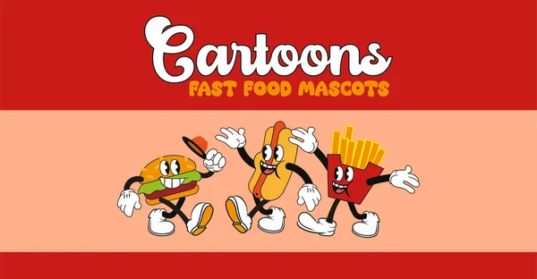 Vintage Cartoon Mascots Fast Food Banner Vector Illustration — Stock Vector