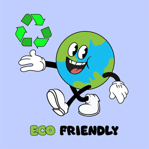 Vintage Cartoon Earth Mascot Holding Recycling Sign Text Eco Friendly — Stock Vector