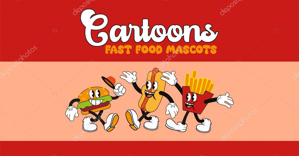 Vintage cartoon mascots, fast food  banner, vector illustration