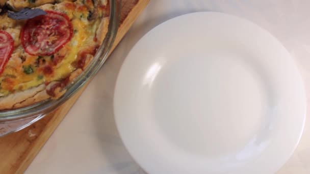 Μια Φέτα Πίτα Κις Ένα Λευκό Κεραμικό Πιάτο Πάνω Όψη — Αρχείο Βίντεο