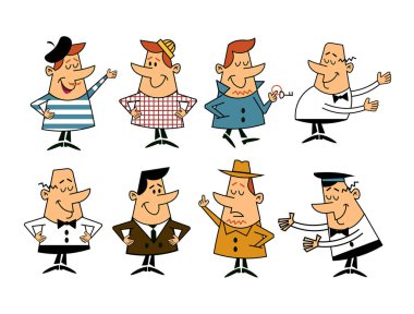 Bir dizi farklı klasik çizgi film, orta yüzyıl modern karakterleri. Vektör illüstrasyonu, düz tasarım.