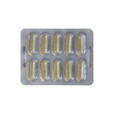 On açık kahverengi, oval şekilli kapsül içeren, beyaz arka planda izole edilmiş su toplayıcı paketi.