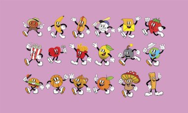 Değişik yiyecek ve içeceklerin canlandırılmış canlı bir vektör çizimi. Eski çizgi film karakterleri olarak tasvir edilmiş, dışavurumcu yüzler, kollar ve bacaklar..