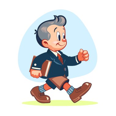 Elinde kitap tutan, yürüyen mutlu bir okul çocuğunun klasik çizgi film maskotu.. 