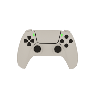 Gri bir kablosuz video oyun denetleyici, şeffaf bir arkaplanda izole edilmiş, yeşil gösterge ışıkları açık