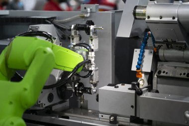High-tech manufacturing process with robot programming arm in automation system