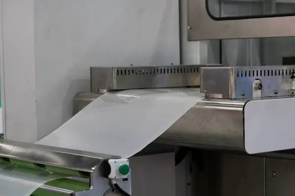 塑胶袋纸盒自动包装机 食品工业高速包装机 高科技制造工艺 — 图库照片