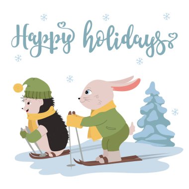 Şirin bebek hayvanlar kayak yapıyor. Noel, Yeni Yıl tebrik kartı