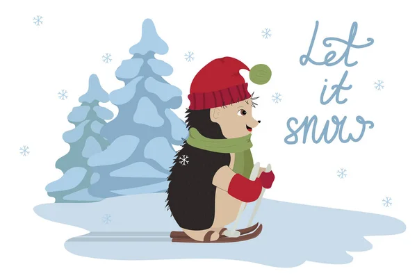 Igel Skifahren Weihnachtsgeschenkkarte Illustration Zum Winter Designvektor — Stockvektor