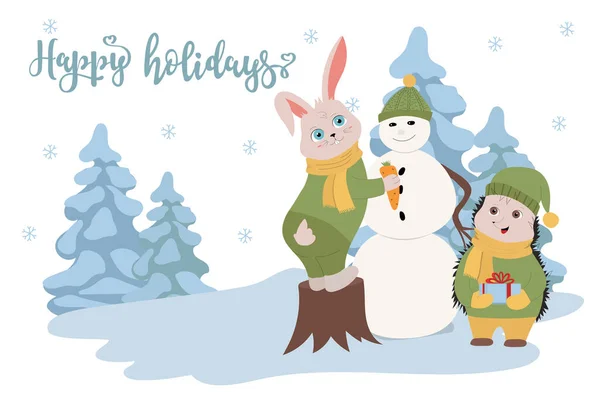 Frohe Feiertage Niedliche Baby Tiere Machen Einen Schneemann — Stockvektor