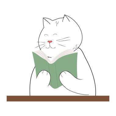 Kedi kitap okuyor. Vektör illüstrasyonu.  