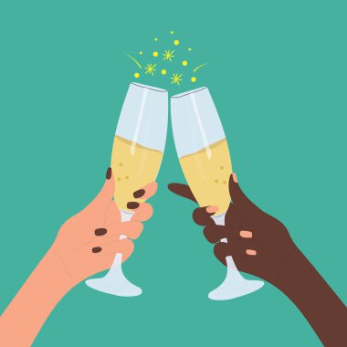 Şampanya kadehlerini tutan eller. Kutlama tezahüratı. Vektör illüstrasyonu