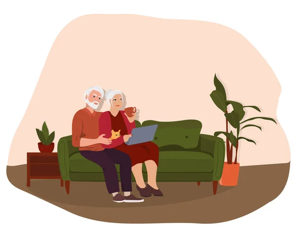 Old Couple Home Cat Relaxation Home Vector Illustration — Stockvector