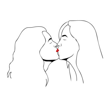 Two girls kissing. Outline vector illustration isolated on white background. 