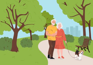 Old couple walking with dog in the park. Senior people happy lifestyle concept.  Vector illustration