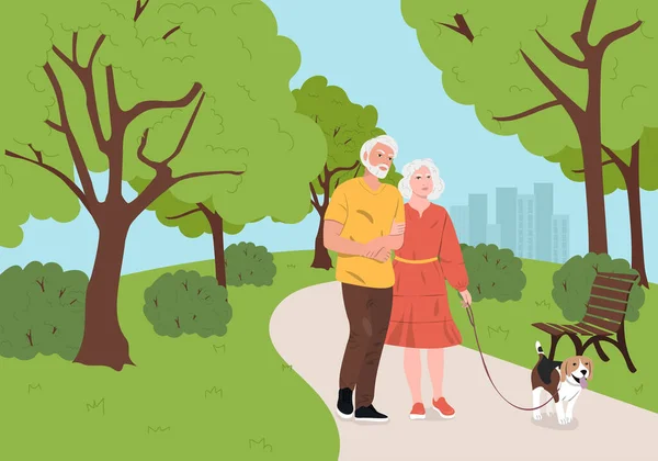 Öreg Pár Kutyasétáltatás Parkban Idősebb Emberek Boldog Életmód Koncepció Vektorillusztráció — Stock Vector