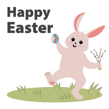 Happy bunny with painted egg. Easter greeting card. Vector illustration