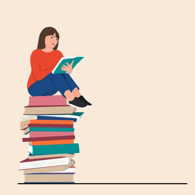 Kitap okuyan kadın. Dünya kitabı günü. Kitap aşığı kavramı. Vektör illüstrasyonu
