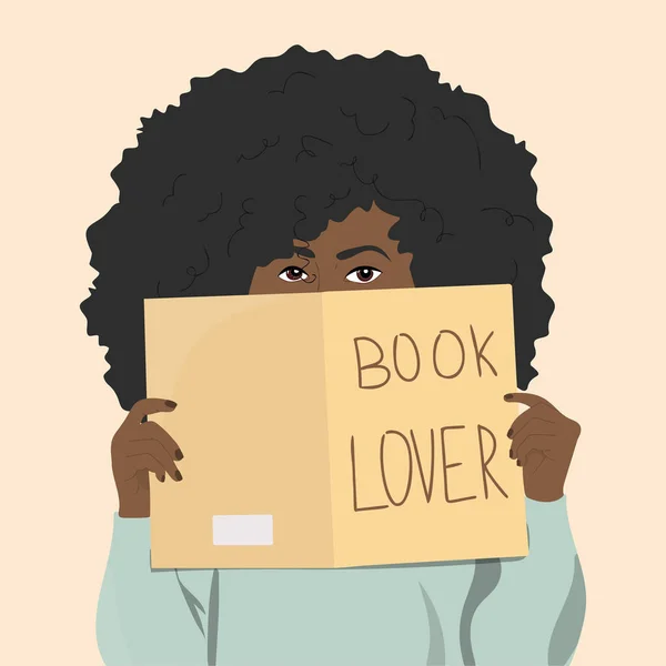 Afro Amerikaanse Vrouw Verstopt Zich Achter Een Boek Boekenliefhebber Concept — Stockvector