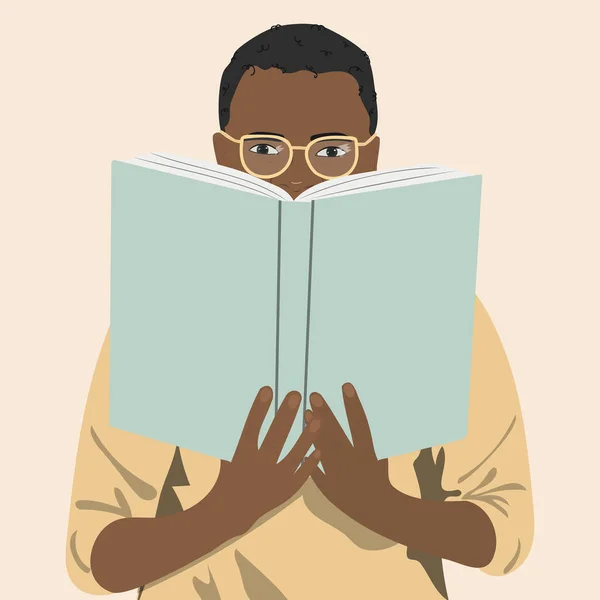 Afro Amerikaanse Man Verstopt Zich Achter Een Boek Boekenliefhebber Concept — Stockvector