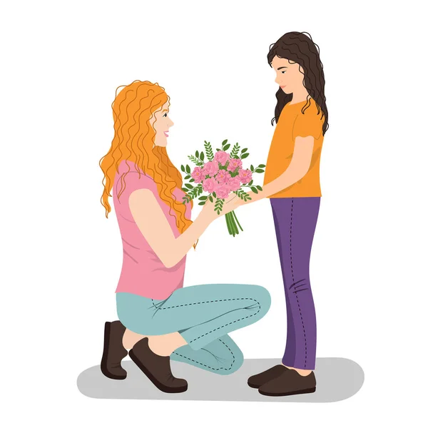 Κόρη Δίνει Λουλούδια Στη Μητέρα Ευτυχισμένη Ημέρα Της Μητέρας Παιδί — Διανυσματικό Αρχείο
