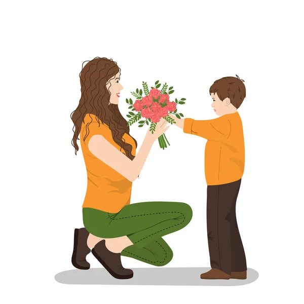 Γιος Δίνει Λουλούδια Στη Μητέρα Ευτυχισμένη Ημέρα Της Μητέρας Παιδί — Διανυσματικό Αρχείο