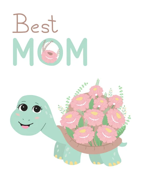 Tartaruga Desenho Animado Bonito Com Flores Melhor Mãe Cartão Felicitações —  Vetores de Stock