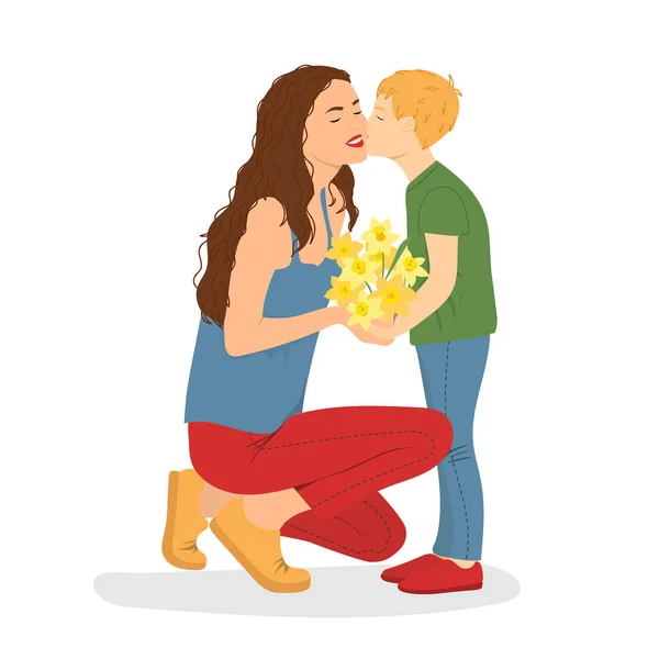 Γιος Φιλάει Μητέρα Ευτυχισμένη Ημέρα Της Μητέρας Λουλούδια Που Δίνουν — Διανυσματικό Αρχείο