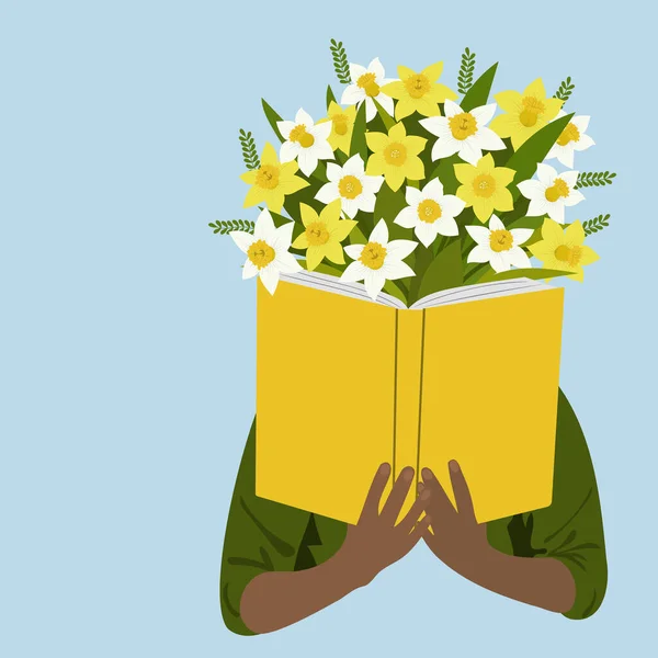 Afro Amerikaanse Man Met Boek Met Bloemen Boekenliefhebber Concept Lerarendag — Stockvector