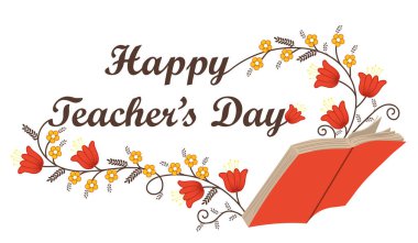 Çiçekli ve kitaplı vektör düz afişi. 