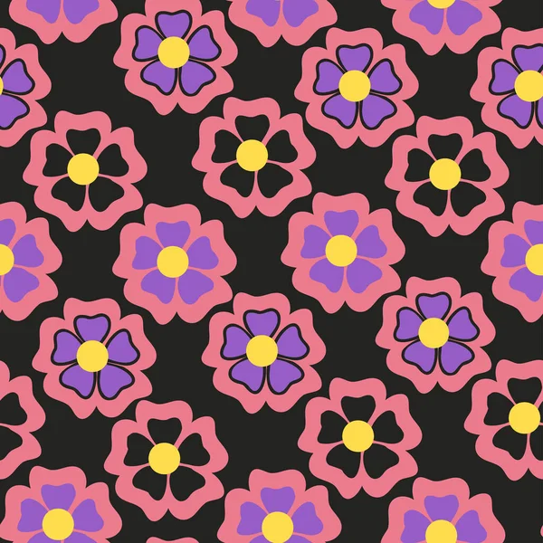 Ρετρό Μοτίβο Πολύχρωμα Λουλούδια Μαύρο Φόντο Vintage Vector Groovy Λουλούδια — Διανυσματικό Αρχείο