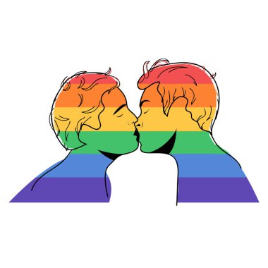 Gay kissing couple isolated on white background. Men in love kiss. Pride month concept. Homosexual pride flag colors.  clipart