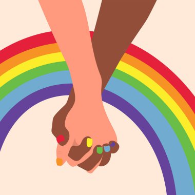 Sevgili çift el ele tutuşuyor. LGBT gurur ayı. Özgür aşk kavramı.