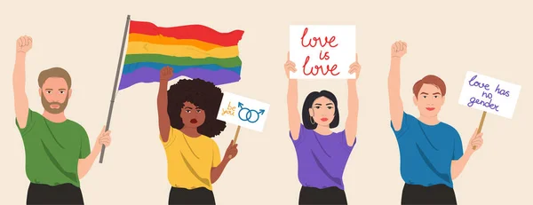 Гей Парад Interracial Group Gay Lesbian Transgender Activists Participating Lgbtq — стоковый вектор